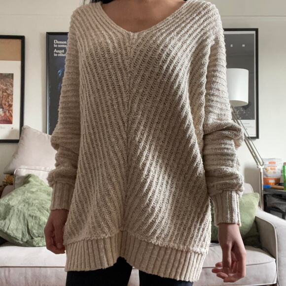 Free People FP V-Neck Chunky Knit Oversized Sweater Oatmeal Light Beige Size S - Picture 1 of 9